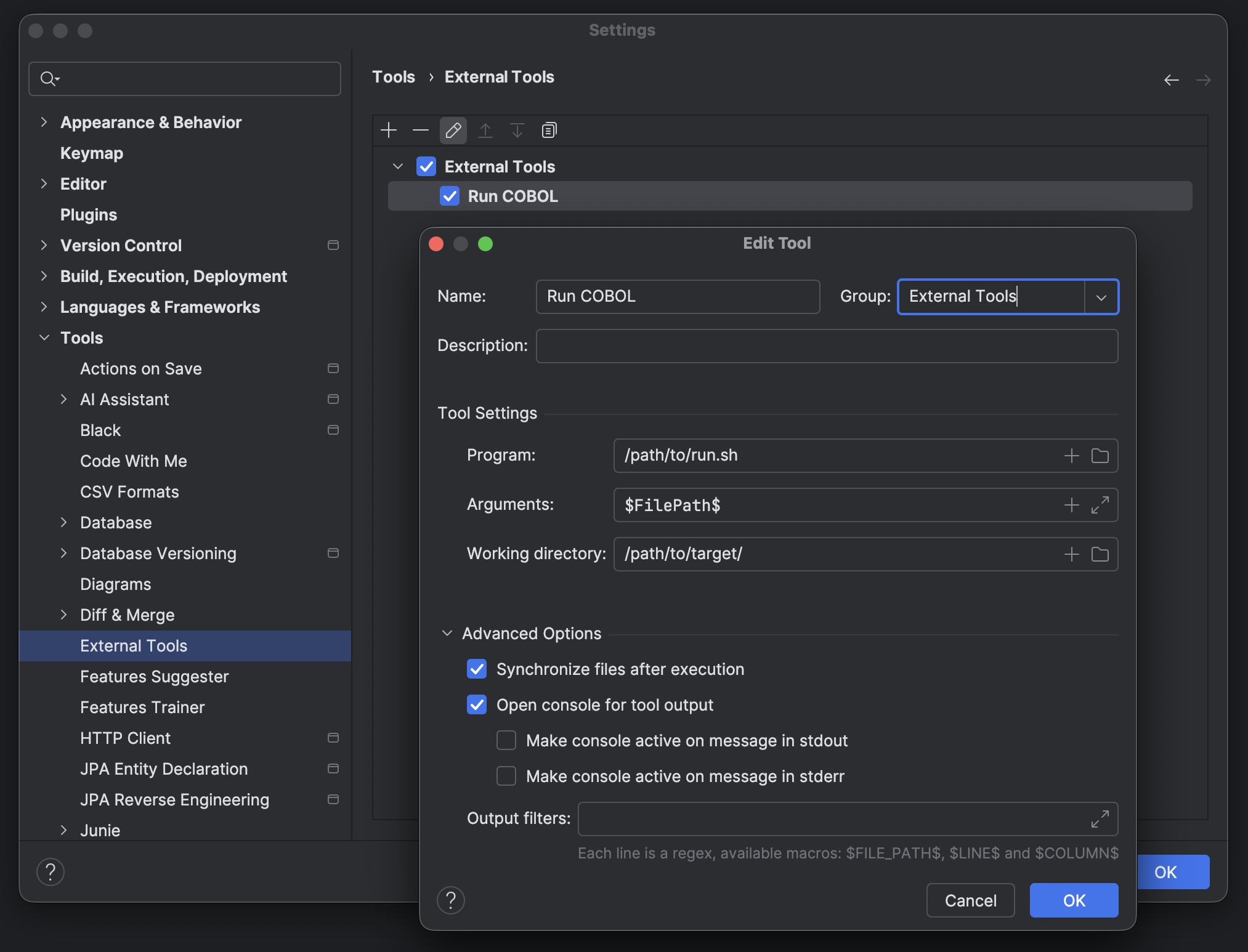 configure run cobol as external tool